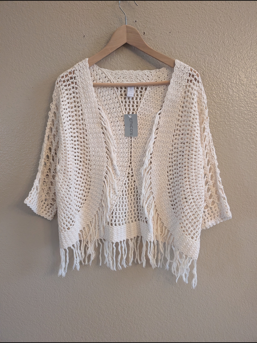NWT Chico's Cream Ivory Crochet Fringe Shrug Cardigan Fits S/M Relaxed Fit